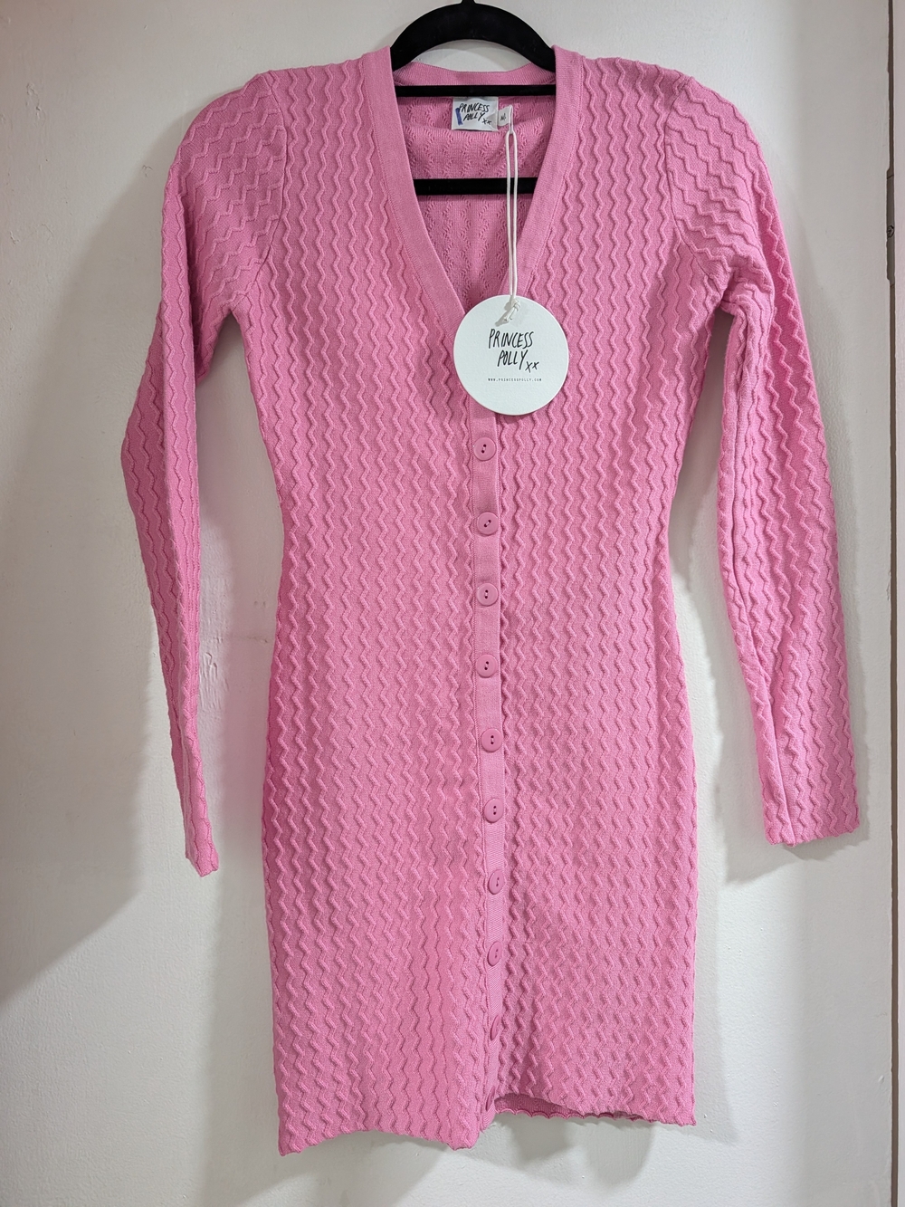 Princess Polly Pink Ribbed Button-Front V-Neck Sweater Dress
